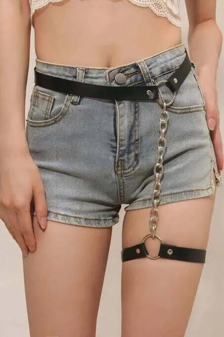 Black Faux Leather Waist Garter Harness with Silver Chain Women Adjustable Thigh Strap