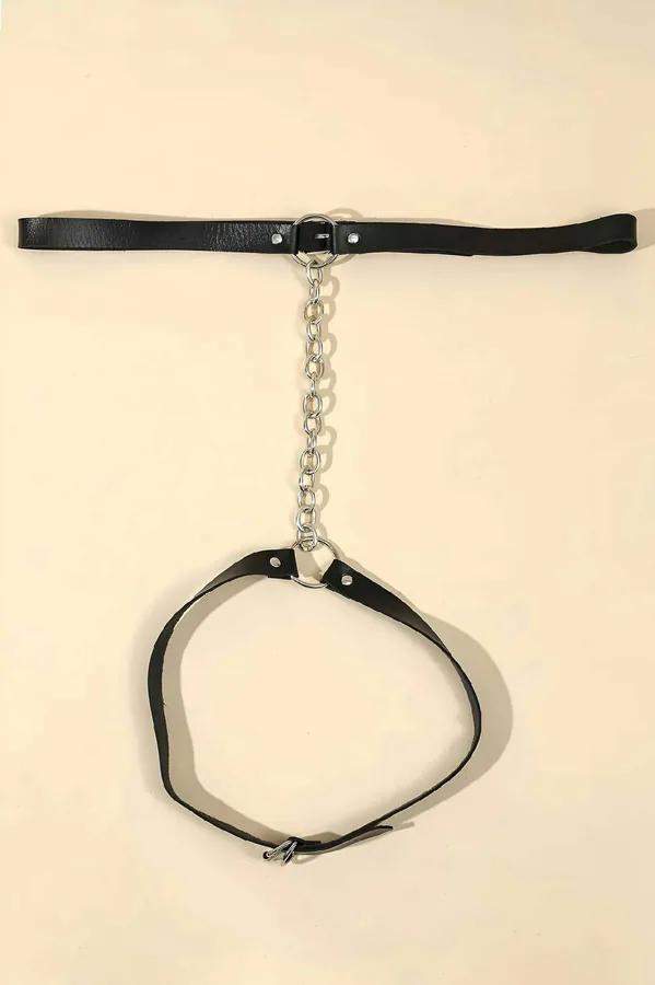 Black Faux Leather Waist Garter Harness with Silver Chain Women Adjustable Thigh Strap