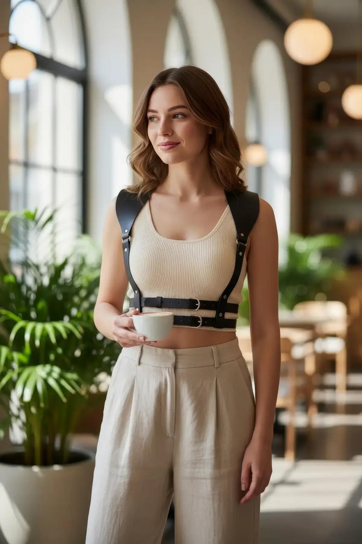 Adjustable Faux Leather Shoulder Harness with Double Waist Straps