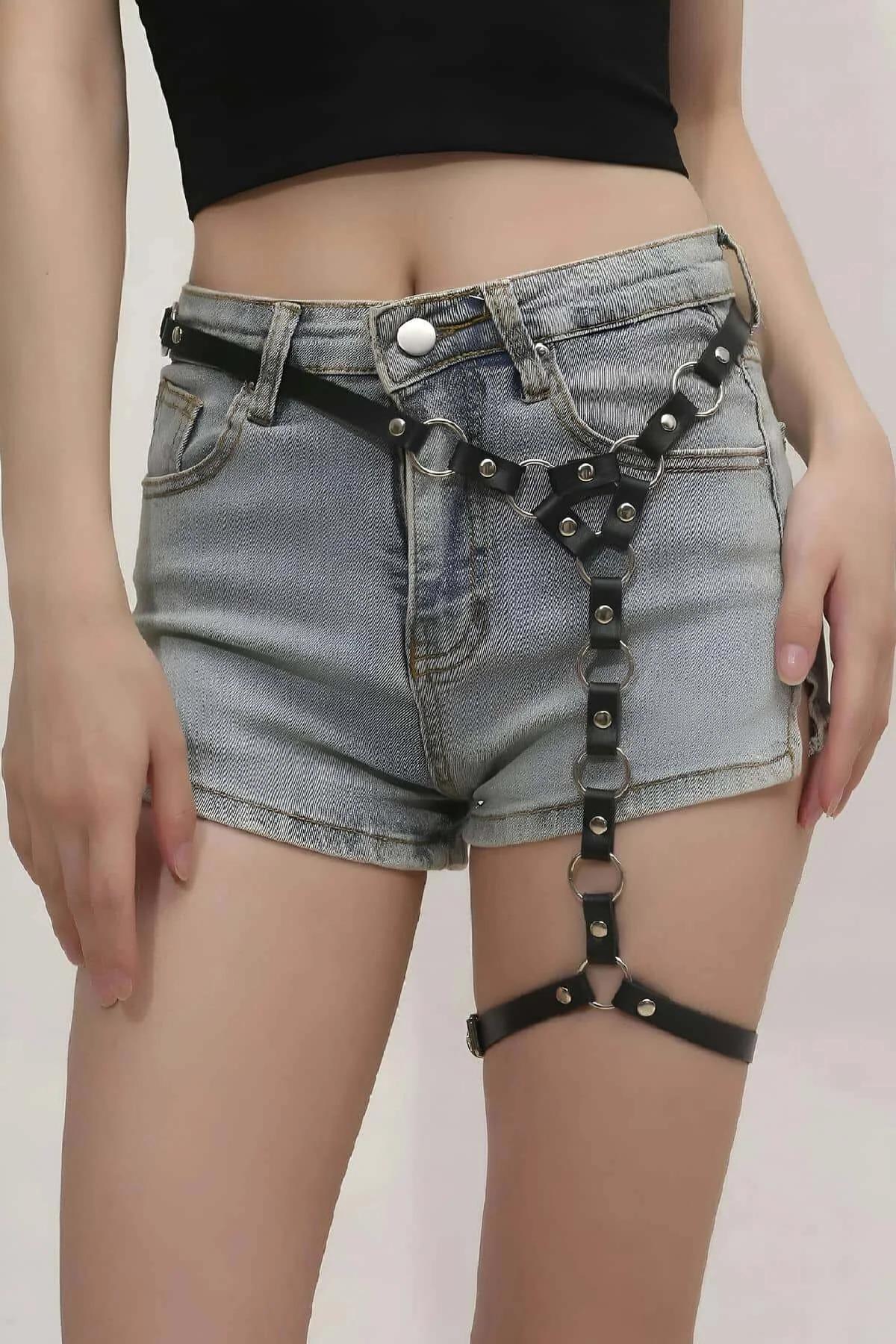 Faux Leather Leg Harness Close-Up Silver O-Ring Chain Hardware on Model Wearing Denim Shorts