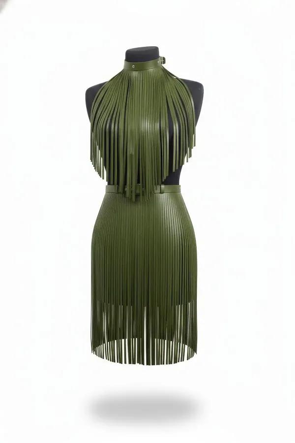 Fringed Halter Neck Top and Skirt Set in Vegan Leather