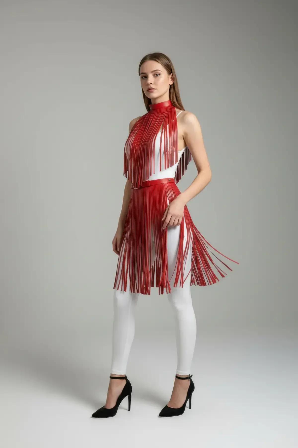 Red Faux Leather Fringe Overlay Skirt