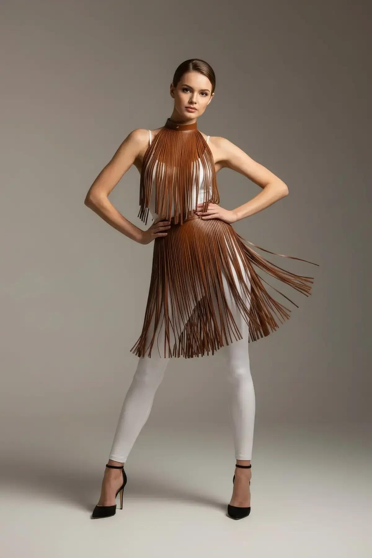 Fringe Halter Top & Waist Skirt Overlay Harness Set