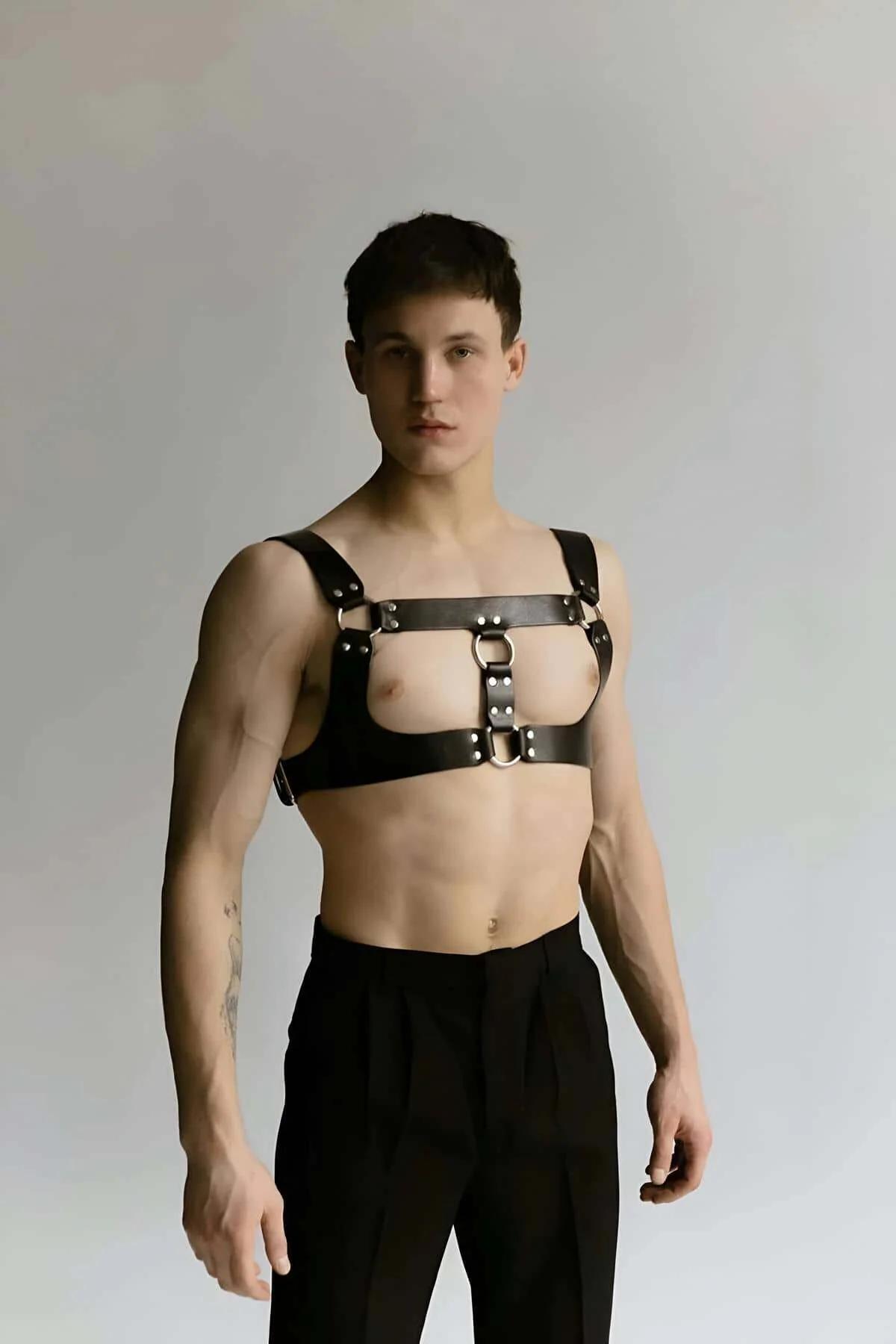 Black Faux Leather O-Ring Chest Harness