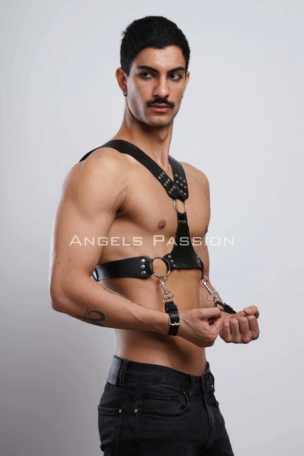 Studded Chest Harness with Detachable Cuffs