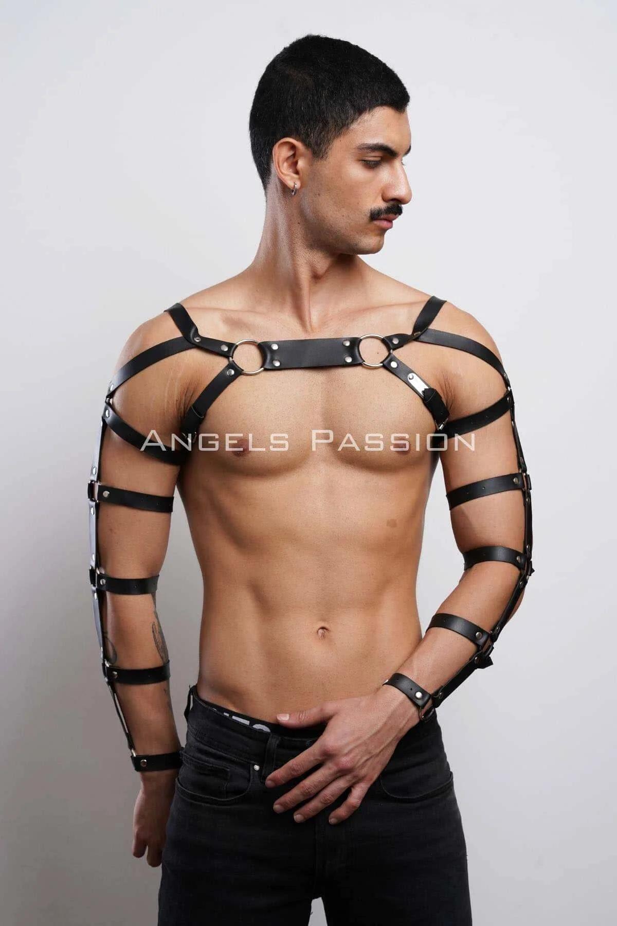Faux Leather Chest Harness with Full Arm Straps