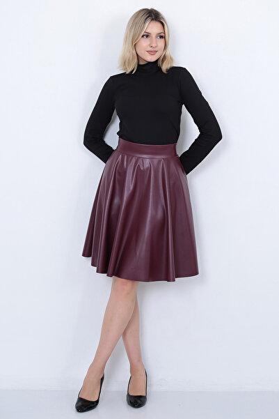 WAYS Kadın bordo Suni Deri Kloş Etek Faux Leather