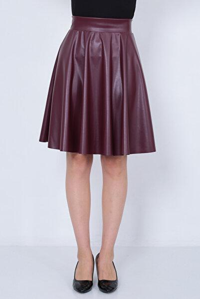WAYS Kadın bordo Suni Deri Kloş Etek Faux Leather