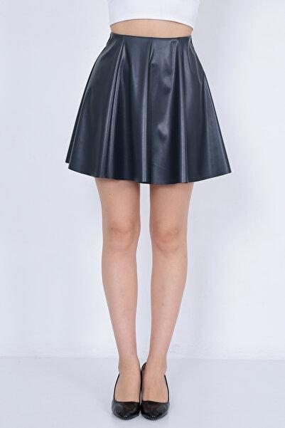 WAYS Kadın Lacivert Suni Deri 8 Parça Mini Kloş Etek Faux Leather