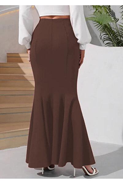 Chocolate Brown Mermaid Maxi Skirt High Waist Flared Hem with White Crop Top