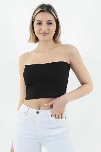 Black Ribbed Strapless Crop Top Fitted
