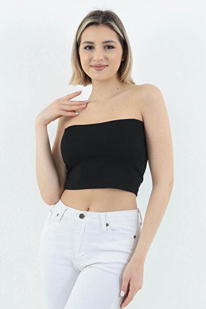 Black Ribbed Strapless Crop Top Fitted