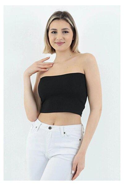Black Ribbed Strapless Crop Top Fitted