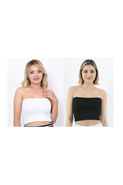 WAYS Kadın Siyah-Beyaz 2'Li Paket Fitilli Straplez Crop Büstiyer Günlük & Şık Üst Esnek Kumaş