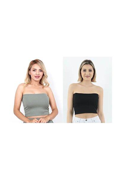 WAYS Kadın Haki-Siyah 2'Li Paket Fitilli Straplez Crop Büstiyer Günlük & Şık Üst Esnek Kumaş
