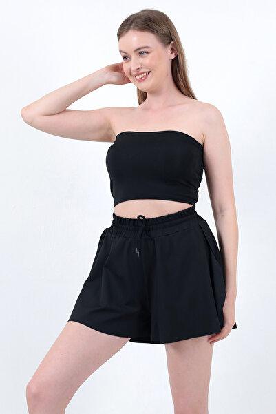 WAYS Kadın Siyah Bol Kesim Çift Kat İçi Taytlı Spor Şort
