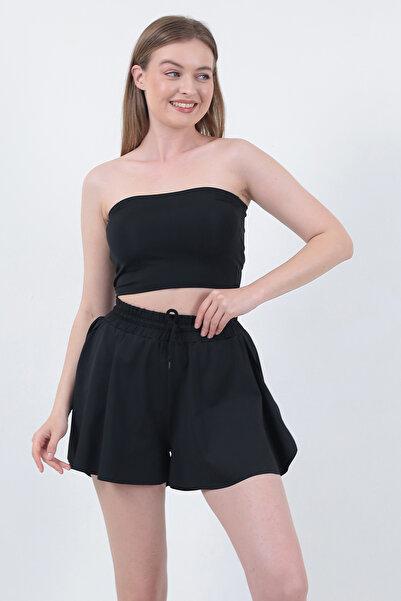 WAYS Kadın Siyah Bol Kesim Çift Kat İçi Taytlı Spor Şort