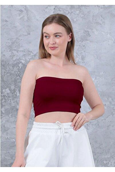 WAYS Kadın Bordo Straplez Crop Büstiyer Günlük & Şık Üst Esnek Kumaş