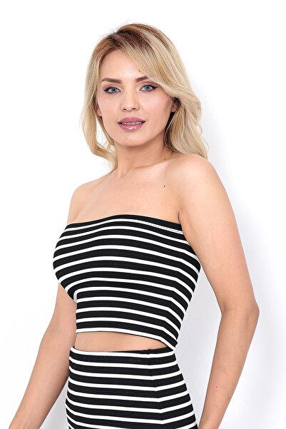 WAYS Kadın Siyah-Beyaz Çizgili Straplez Büstiyer Crop Toparlayıcı Günlük & Şık Üst