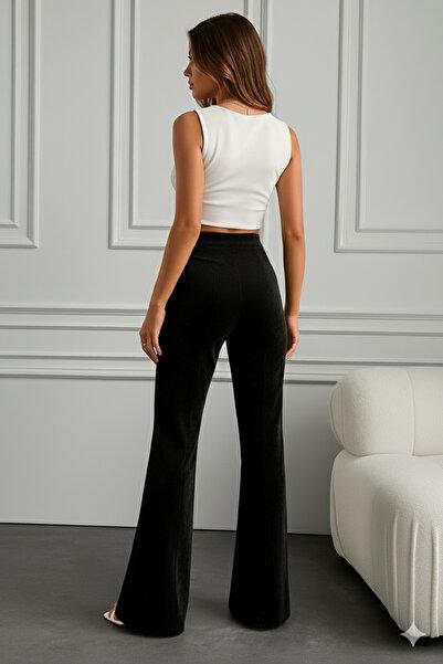 Black Velvet High-Waist Wide-Leg Trousers Side View Soft Fabric