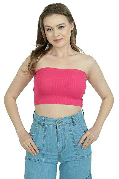 WAYS Kadın Pembe Fitilli Straplez Crop Büstiyer Günlük & Şık Üst Esnek Kumaş
