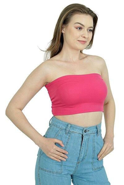 WAYS Kadın Pembe Fitilli Straplez Crop Büstiyer Günlük & Şık Üst Esnek Kumaş