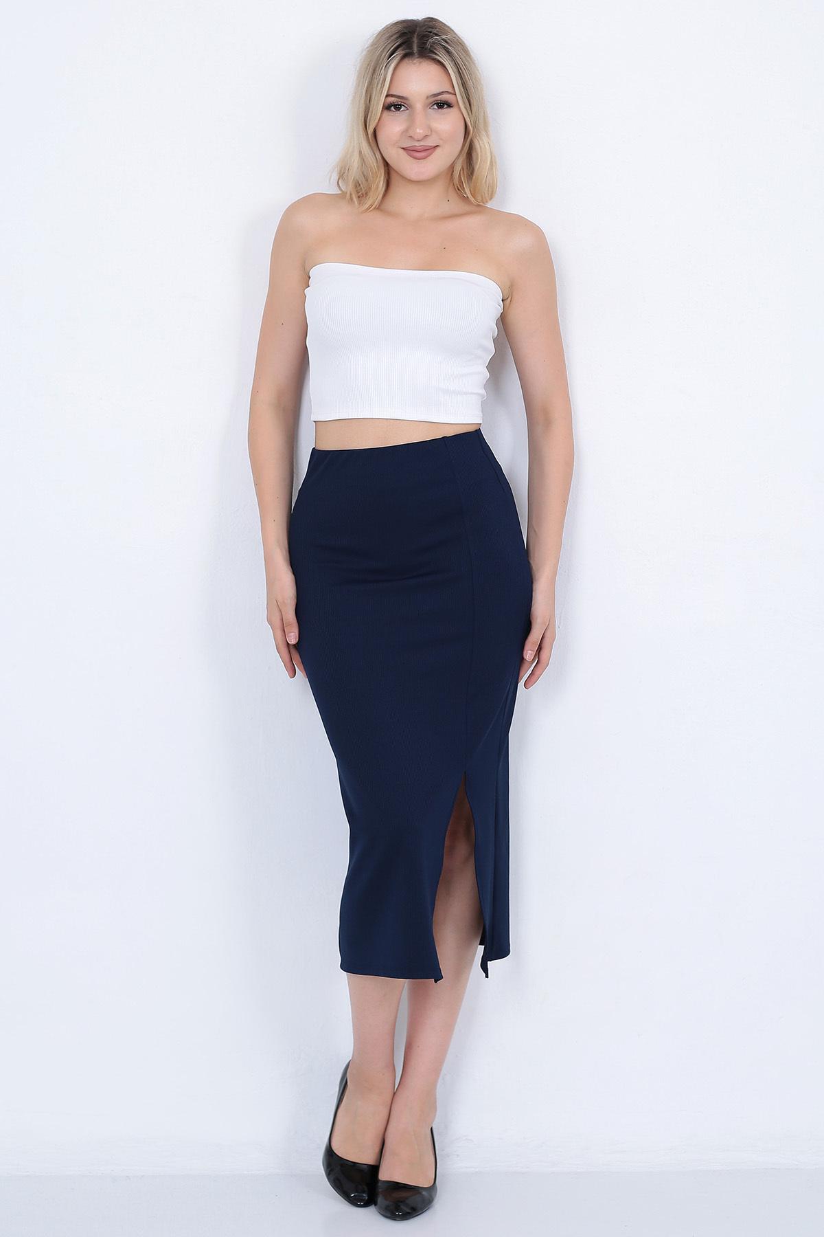 Women's Navy Ribbed Pencil Maxi Skirt - Side Slit Detail