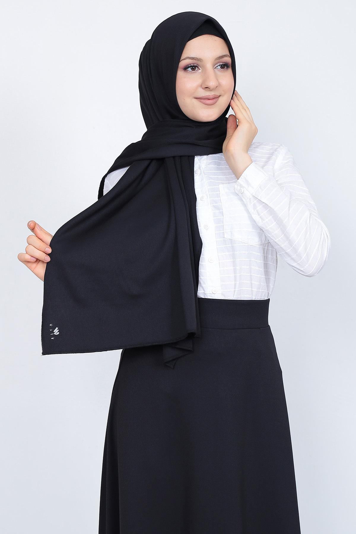 Women's Black Ribbed Scarf Shawl - Soft 160x65 cm Wrap