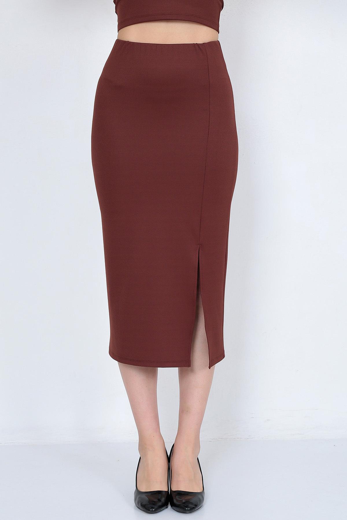 Women's Brown Ribbed Long Midi Pencil Skirt - Slit Detail Slim Fit