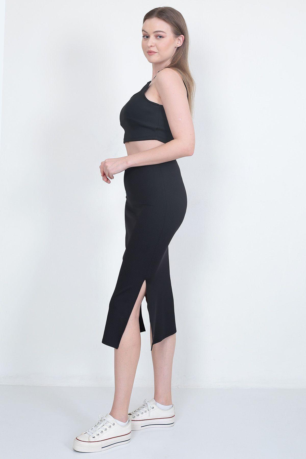 Women's Black Ribbed Midi Pencil Skirt - Double Slit Detail