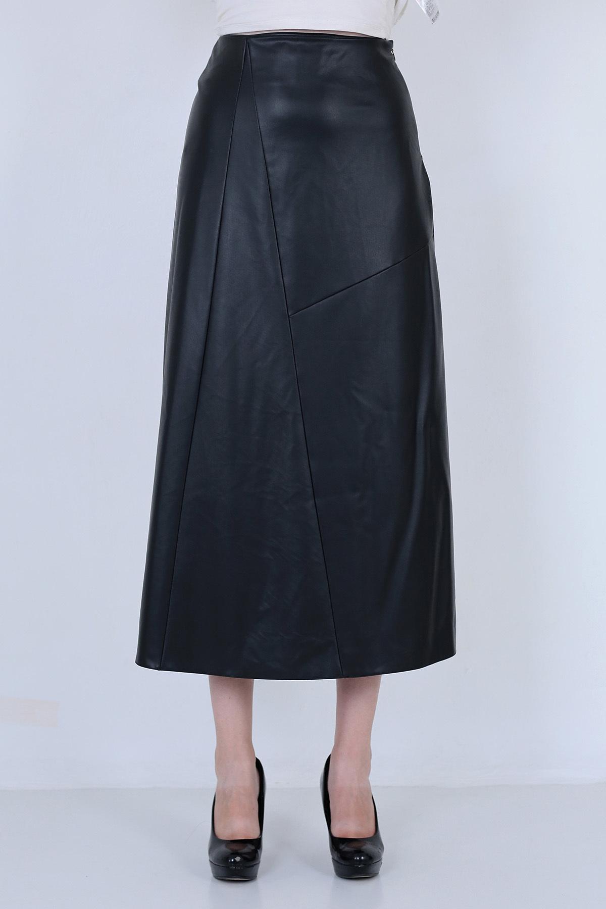 Women's Black Faux Leather Midi Skirt - Asymmetric Fleece-Lined