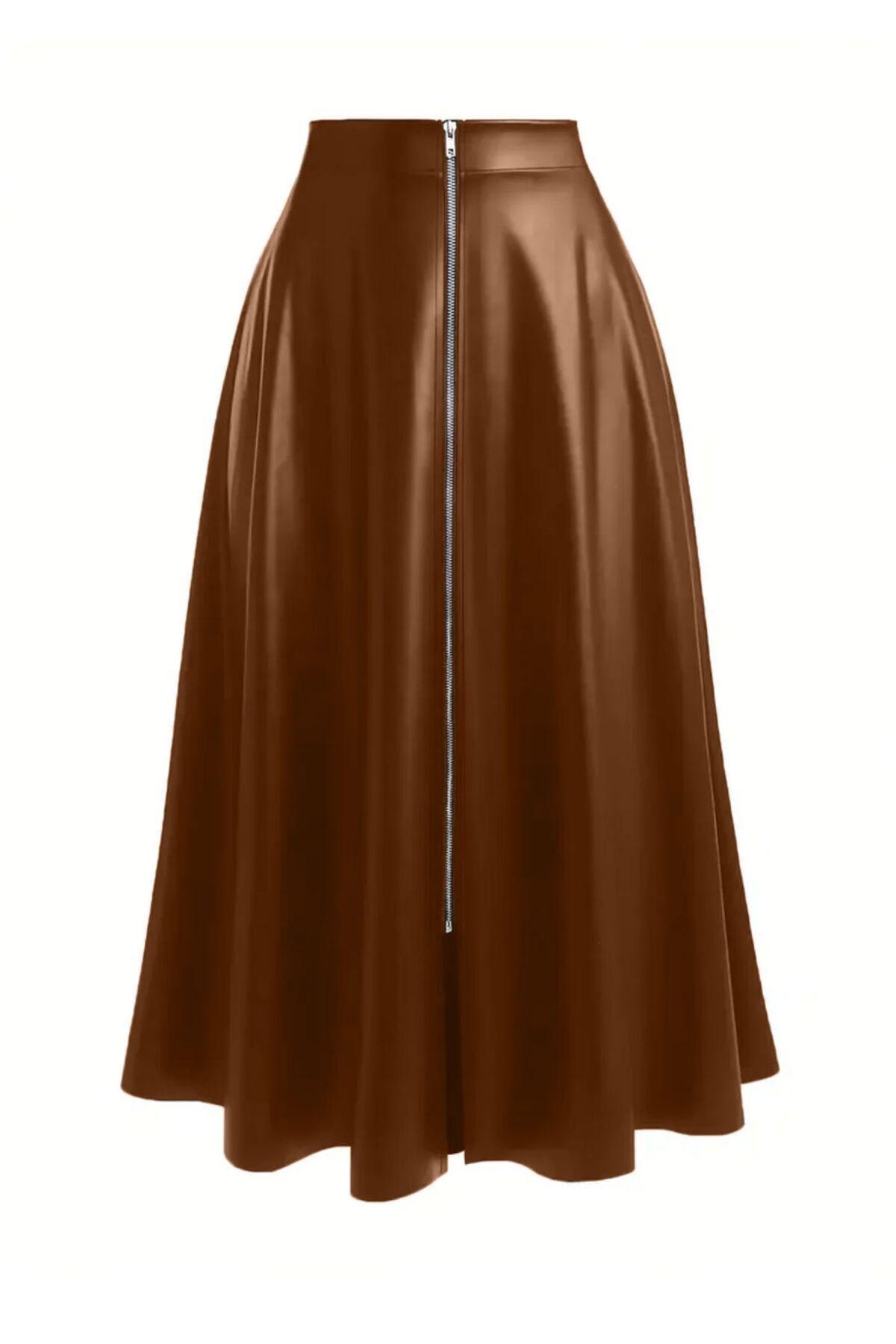 Women's Tan Faux Leather Long Maxi Skirt - Front Zip High-Waist