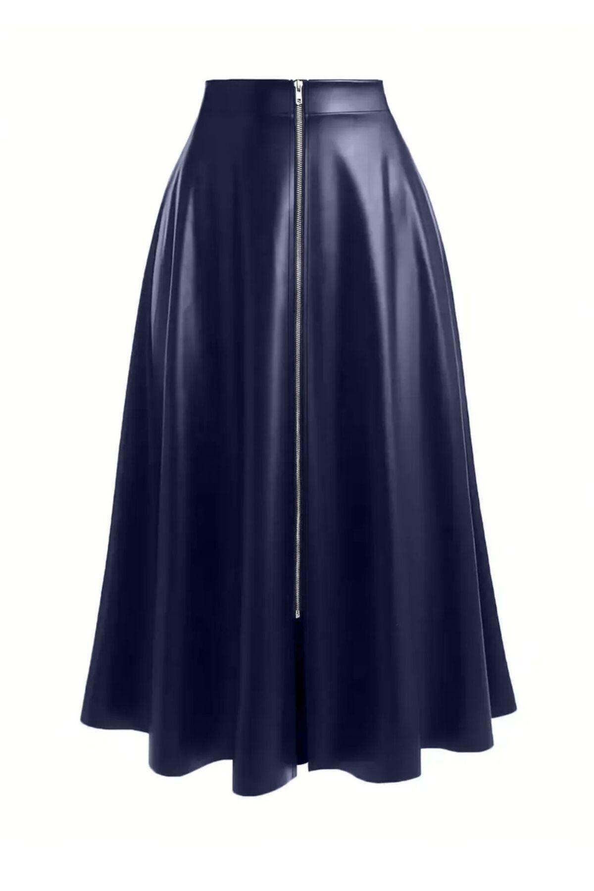 Women's Navy Faux Leather Long Maxi Skirt - Front Zip & Flared