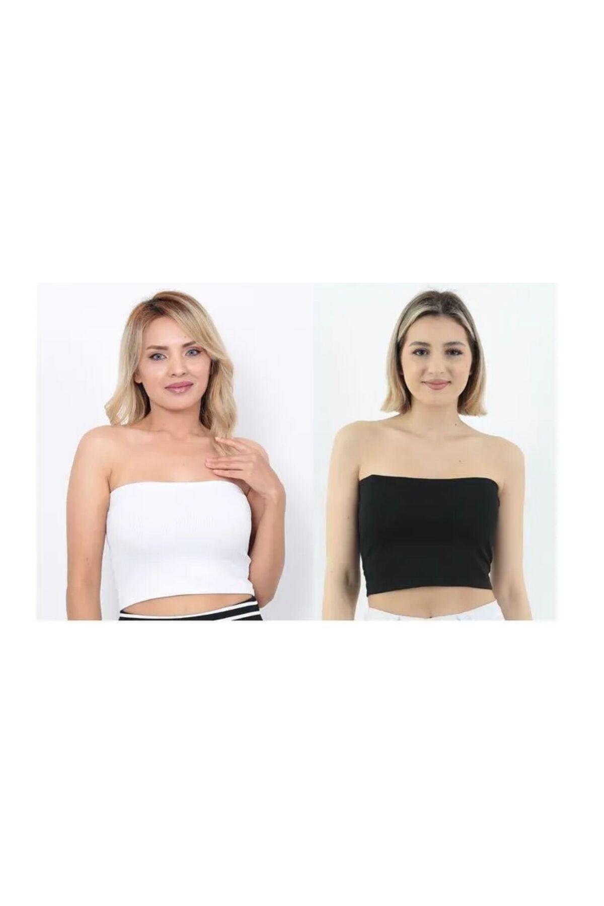 Women's Ribbed Strapless Crop Bustier Top - 2-Pack Black & White