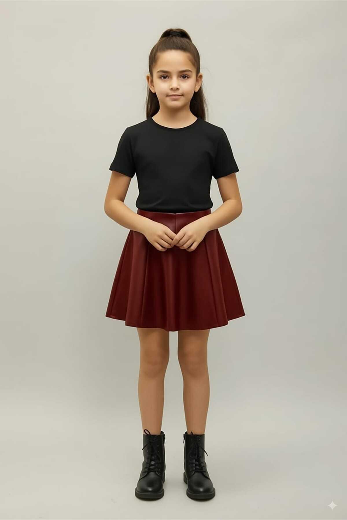 Girls' Burgundy Faux Leather Skirt - Elasticated Waist 8-Panel