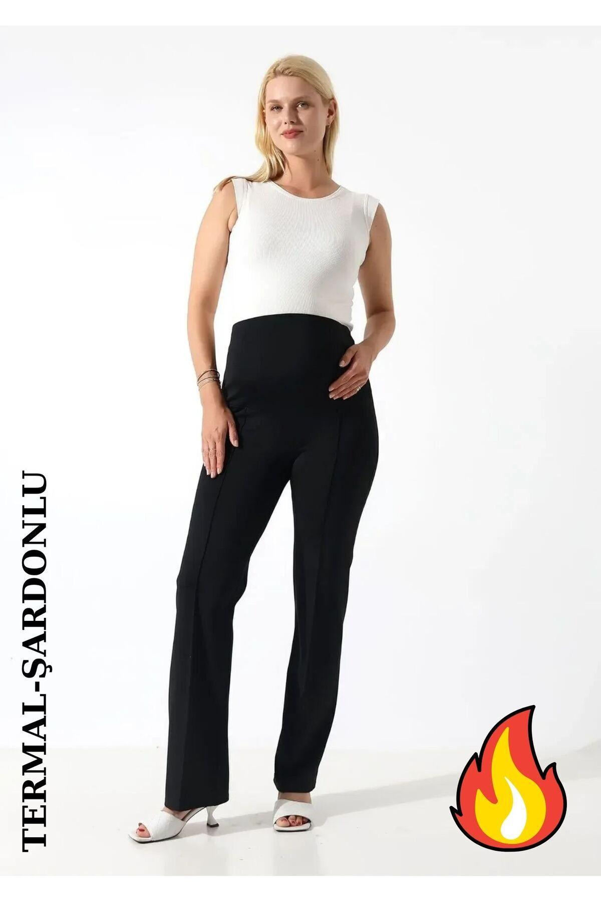 Women's Black Thermal Fleece-Lined Maternity Trousers - Warm