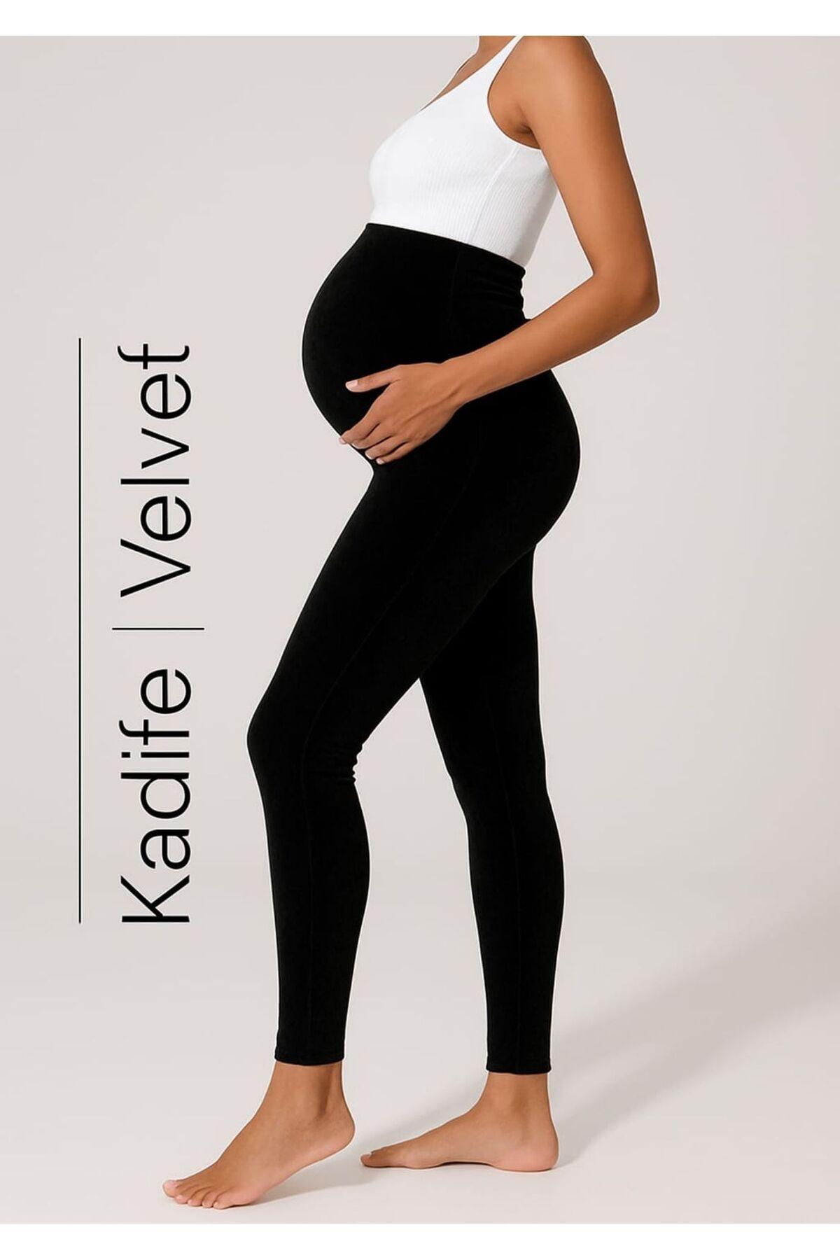 Women's Black Velvet High-Waist Maternity Leggings