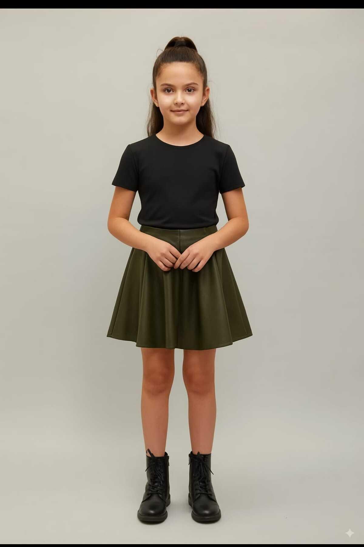 Girls' Khaki Faux Leather Elastic Waist Skirt