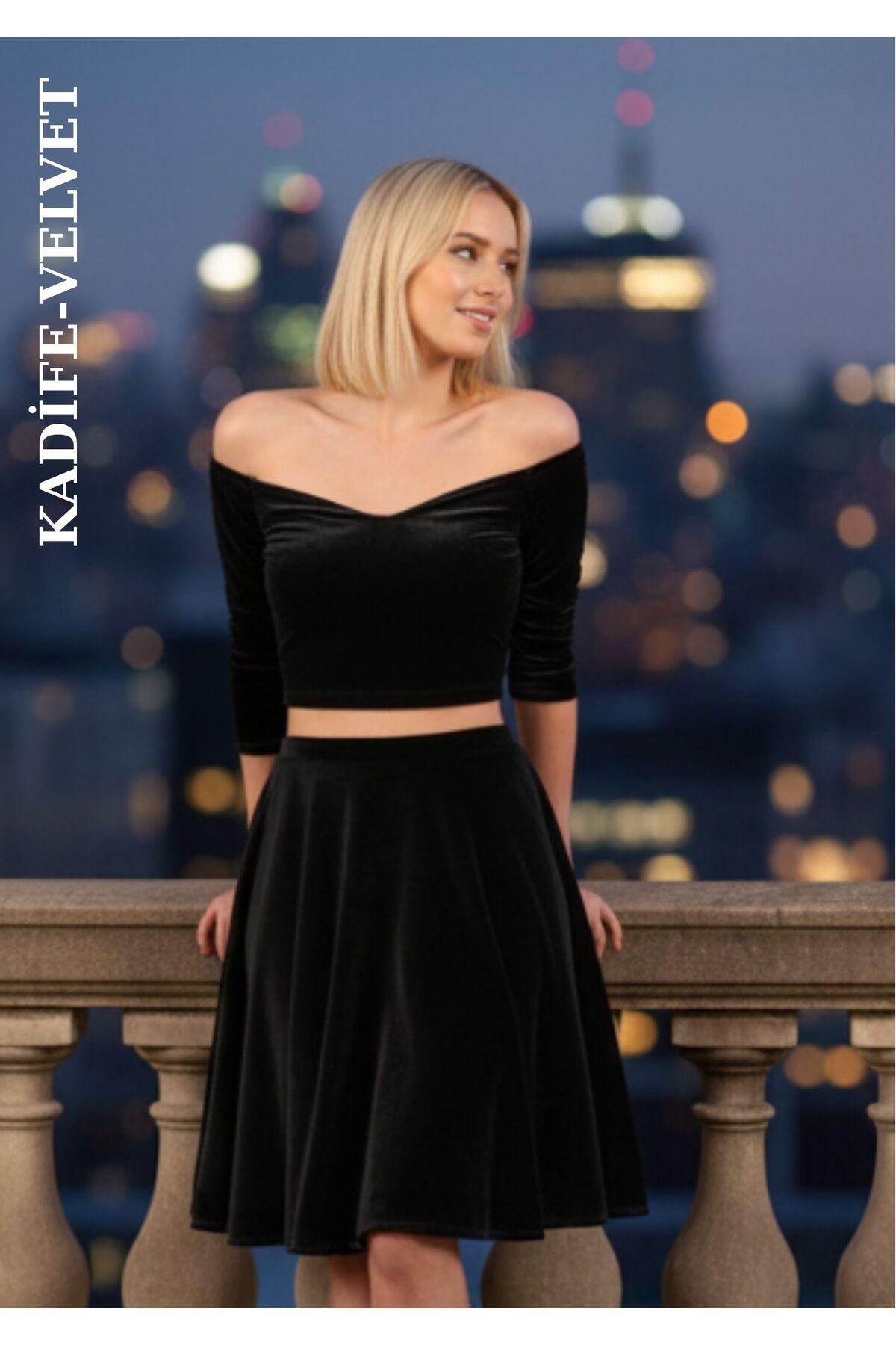 Women's Black Velvet Flared Skirt - High-Waist & Elegant