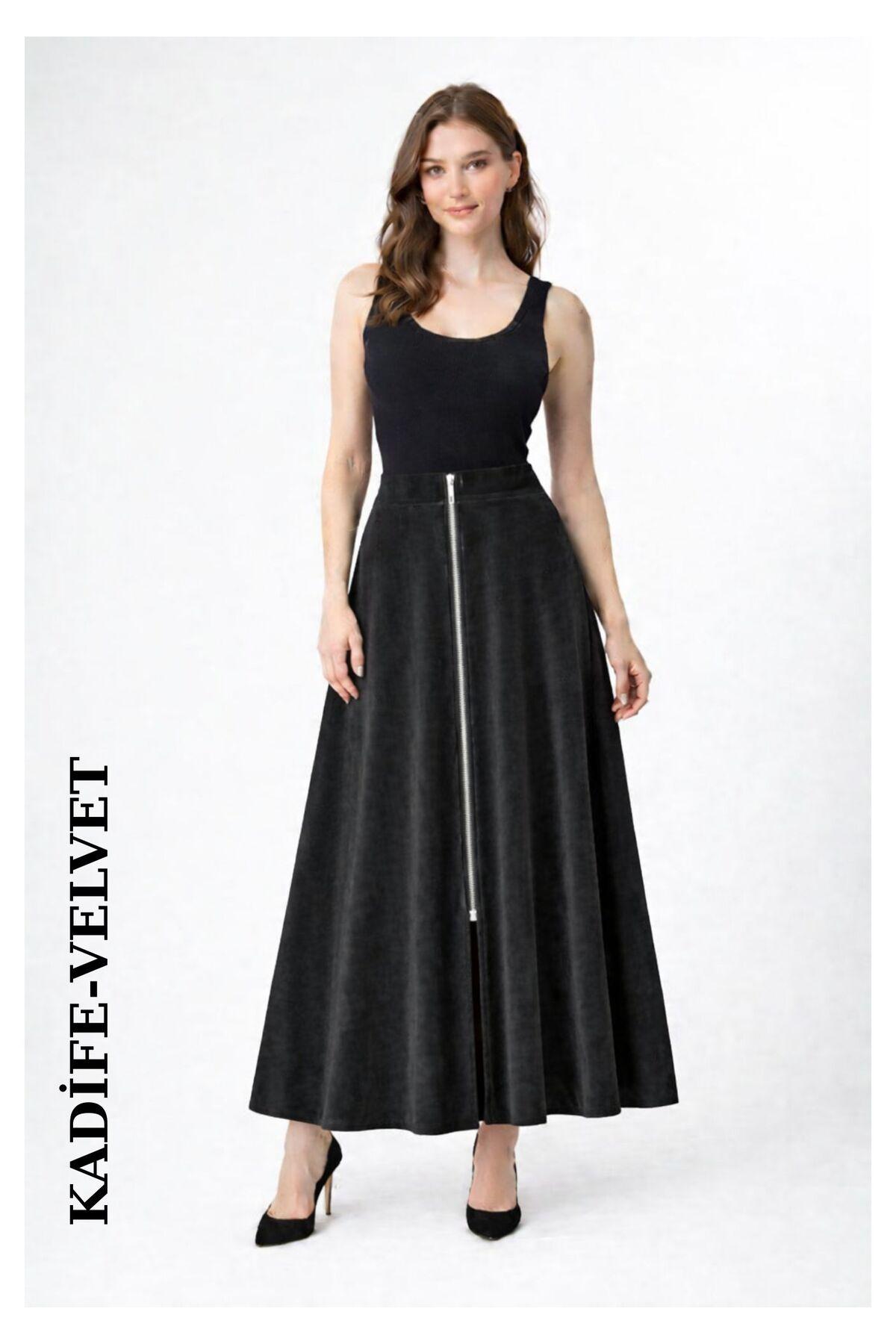 Women's Black Velvet Long Maxi Skirt - Front Zip, Flared & Modern