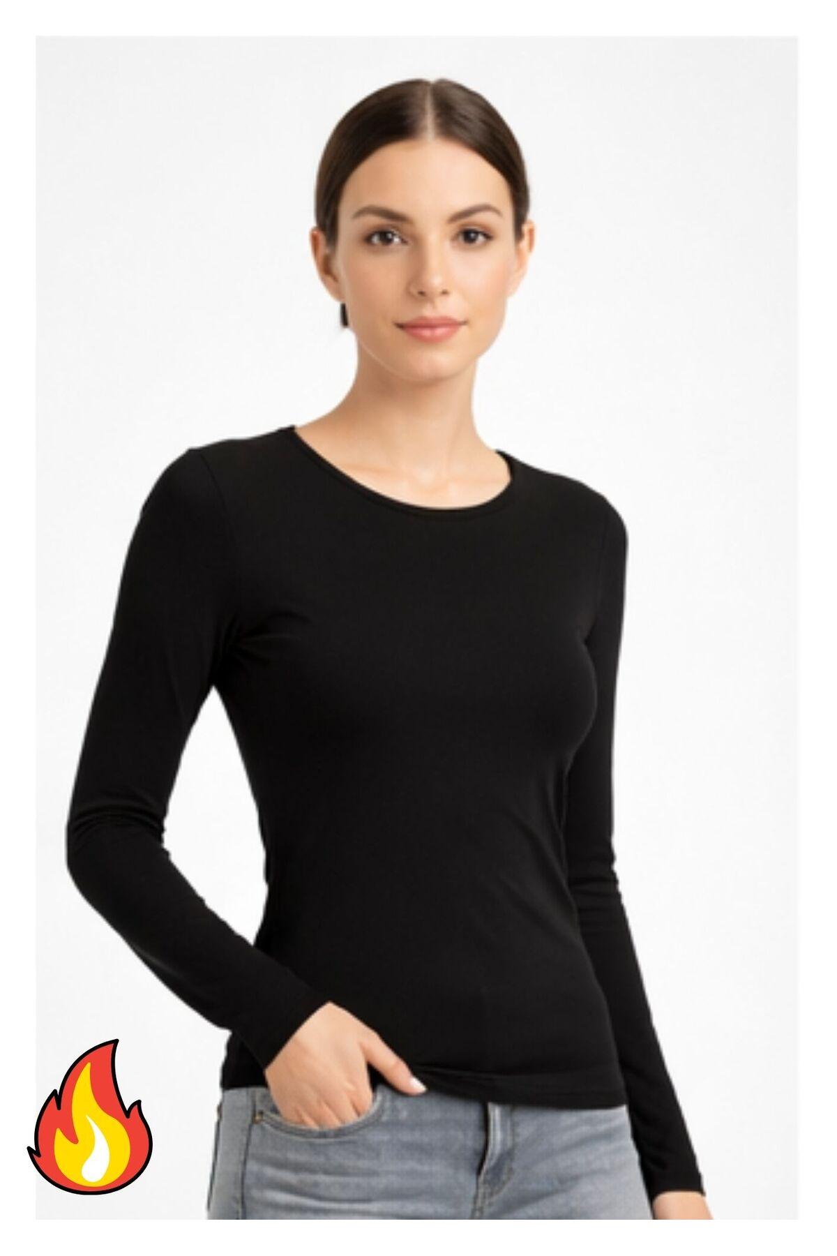 WAYS Kadın Siyah Şardonlu Termal Uzun Kollu Bisiklet Yaka Body Esnek Basic Bluz