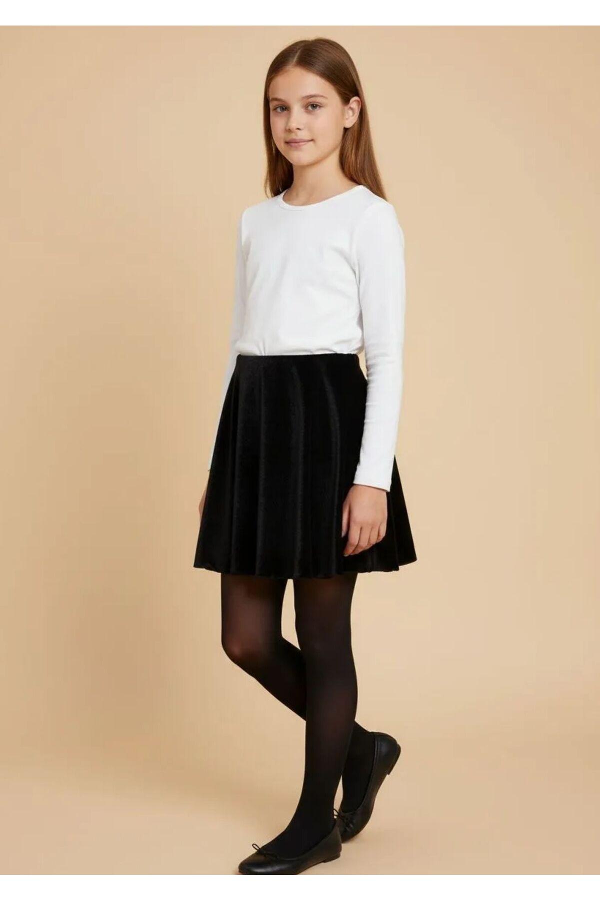 Girls' Black Velvet Skirt - 8 Panel Elastic Waist