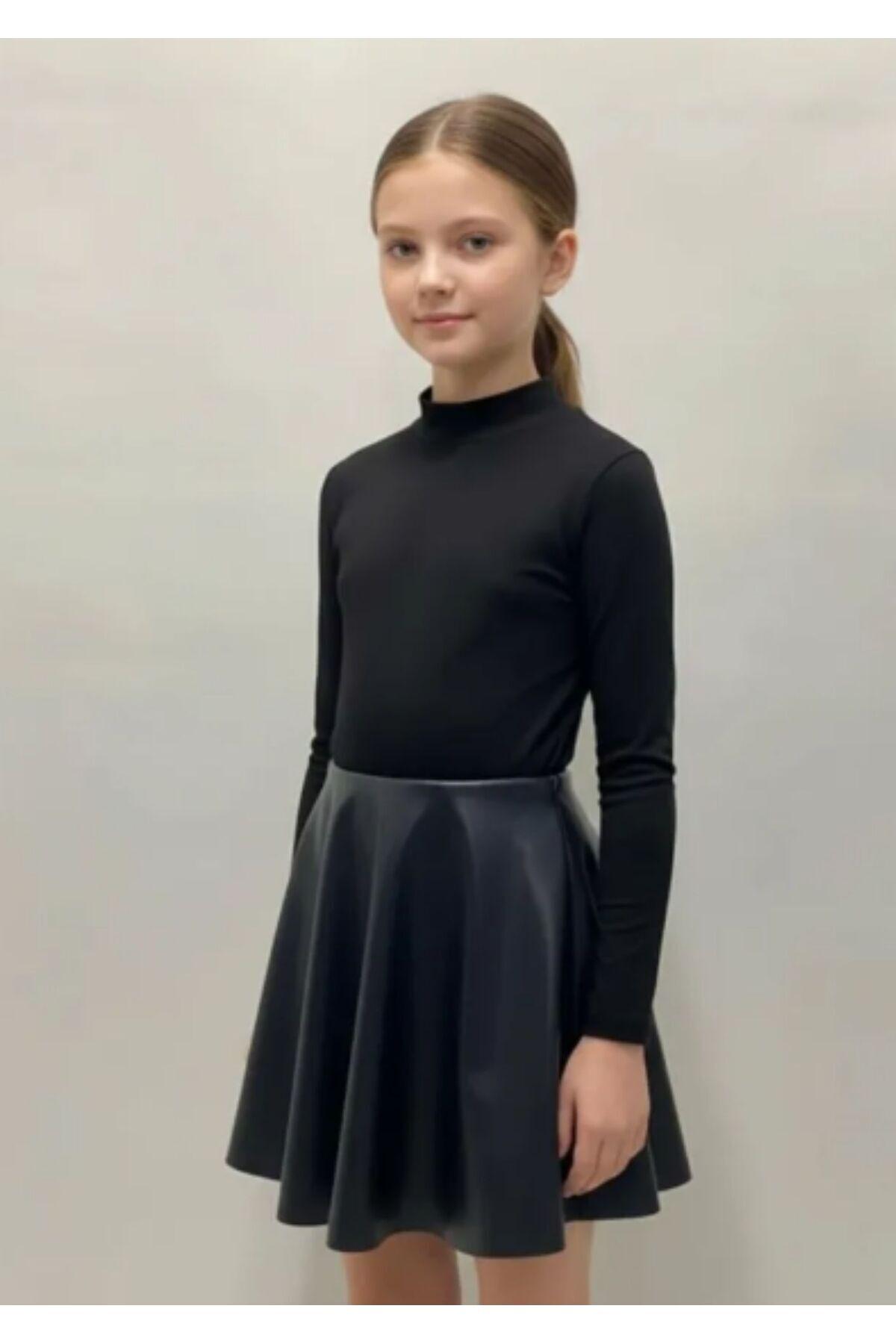 Girls' Navy Faux Leather Flared Skirt with Elastic Waist