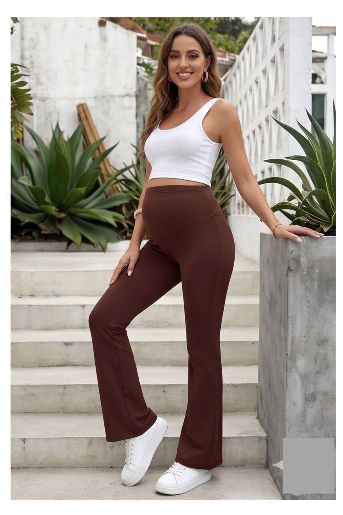 Women's Brown Scuba Maternity Leggings - Adjustable High-Waist Flared