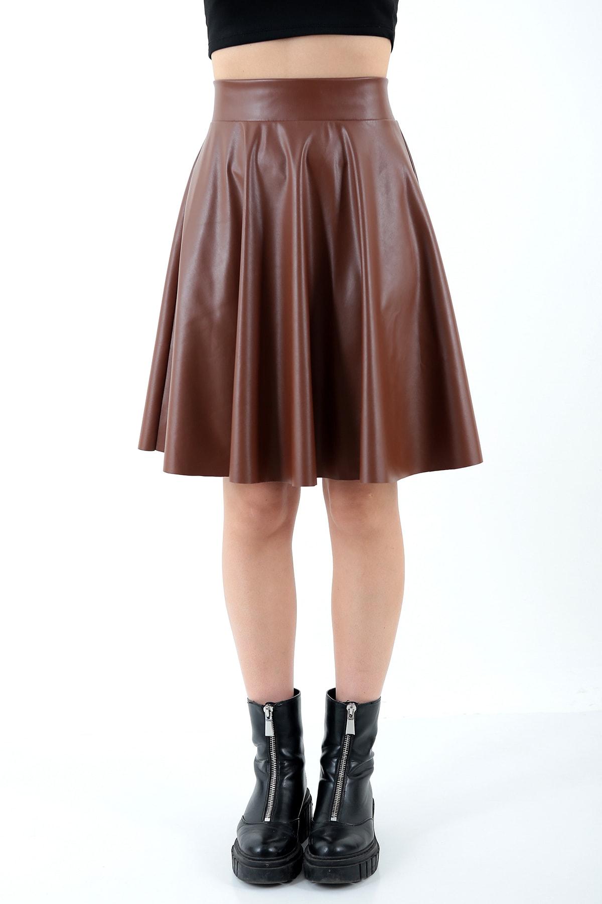 Women's Tan Faux Leather Flared Skirt - High-Waist & Chic