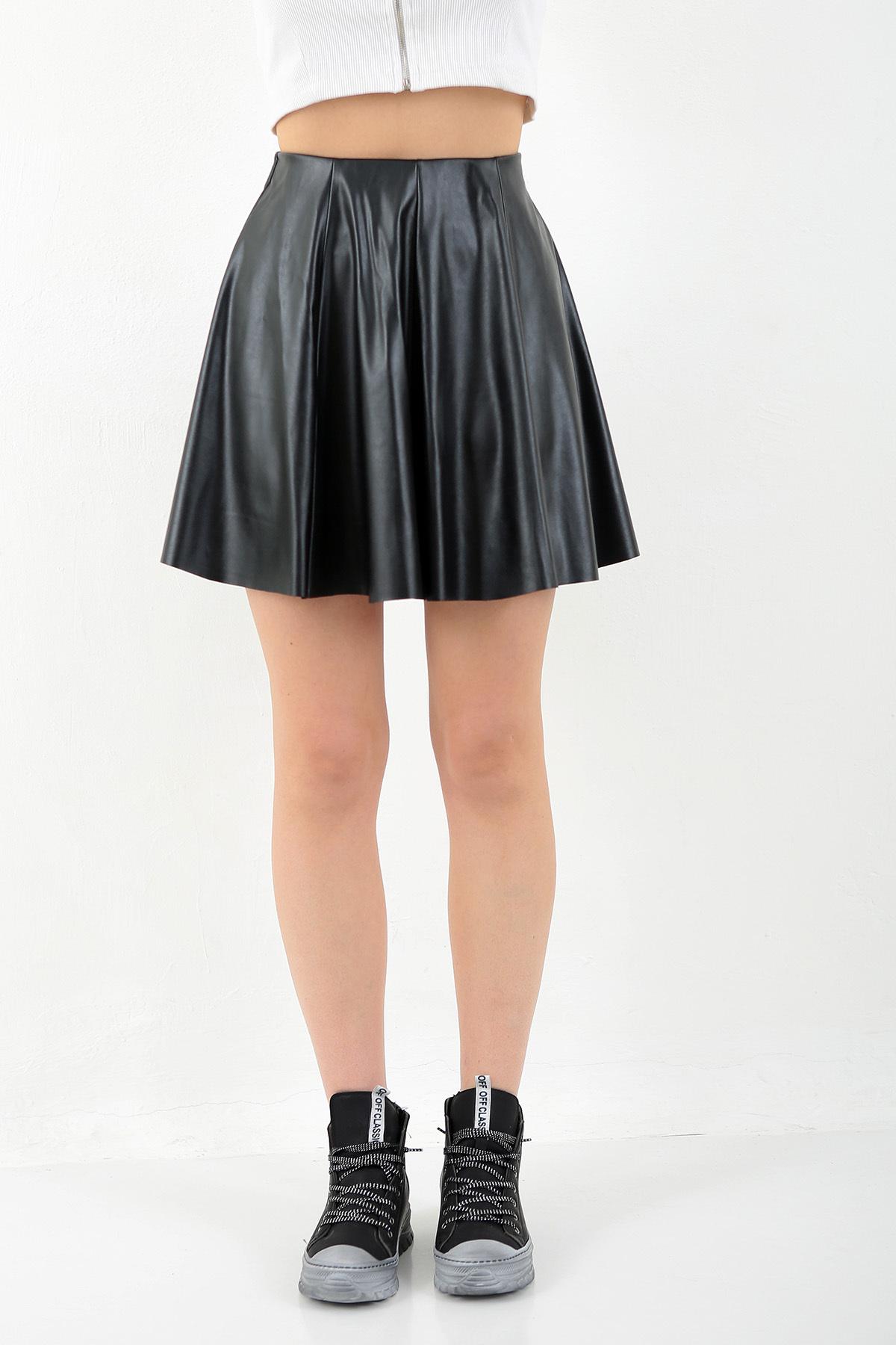Women's Black Faux Leather Flared Mini Skirt - 8 Panel