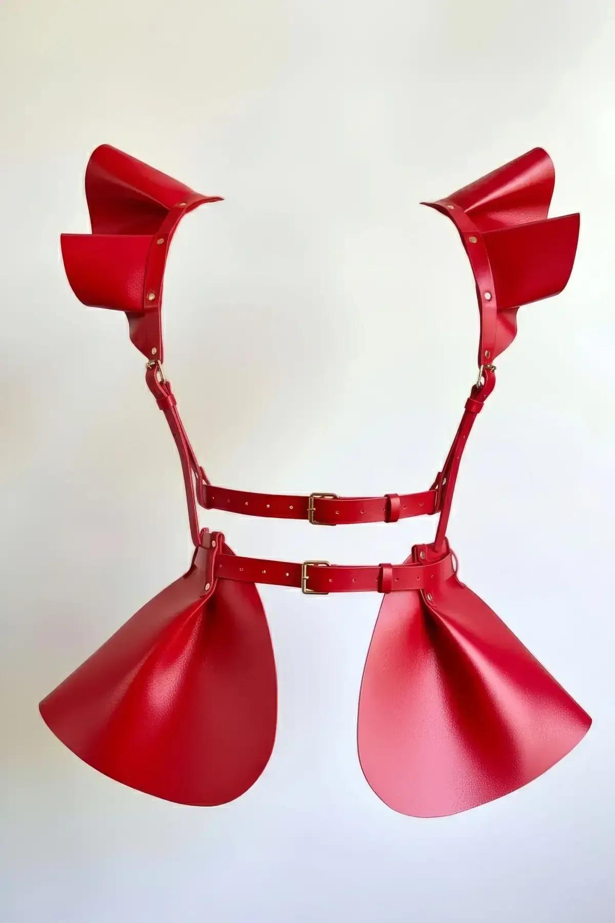 Red Flounce Harness Skirt with Shoulder & Hip Accents