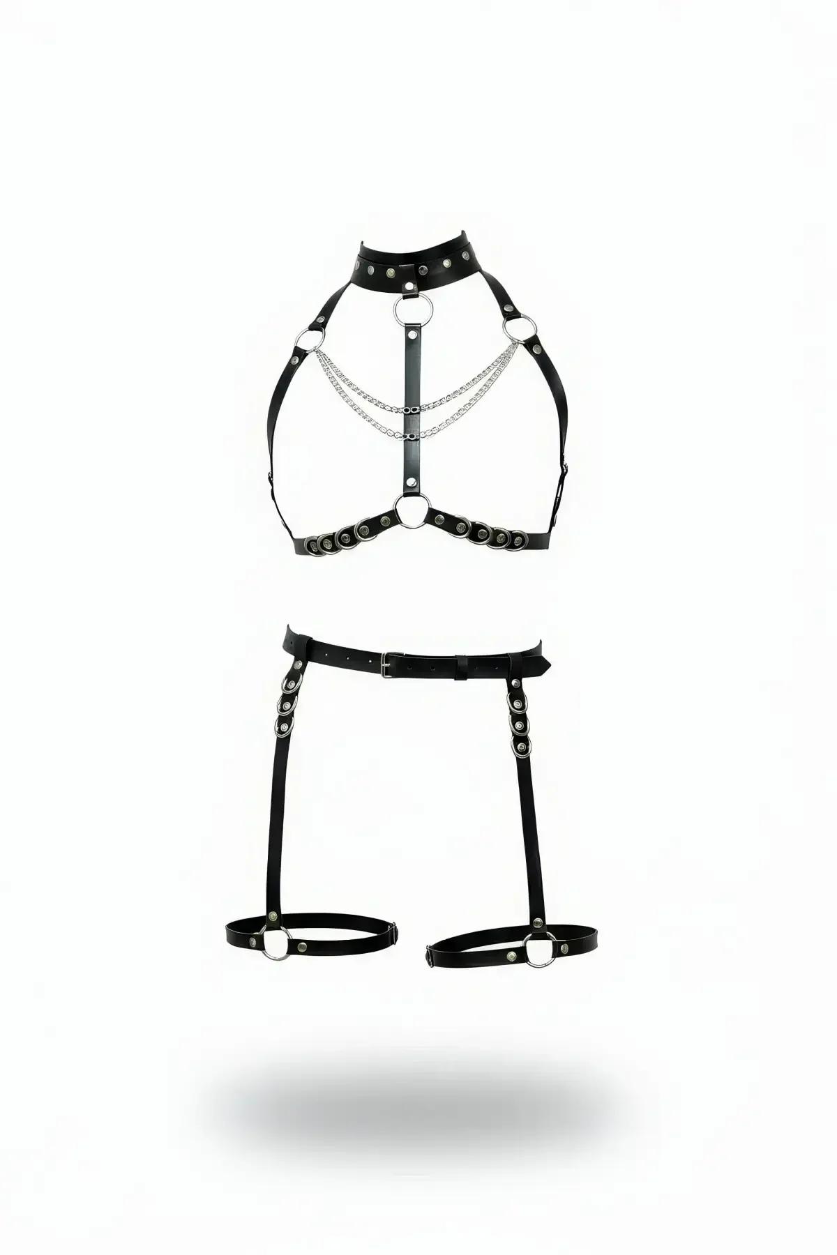 Faux Leather Body Harness with O-Rings and Chains