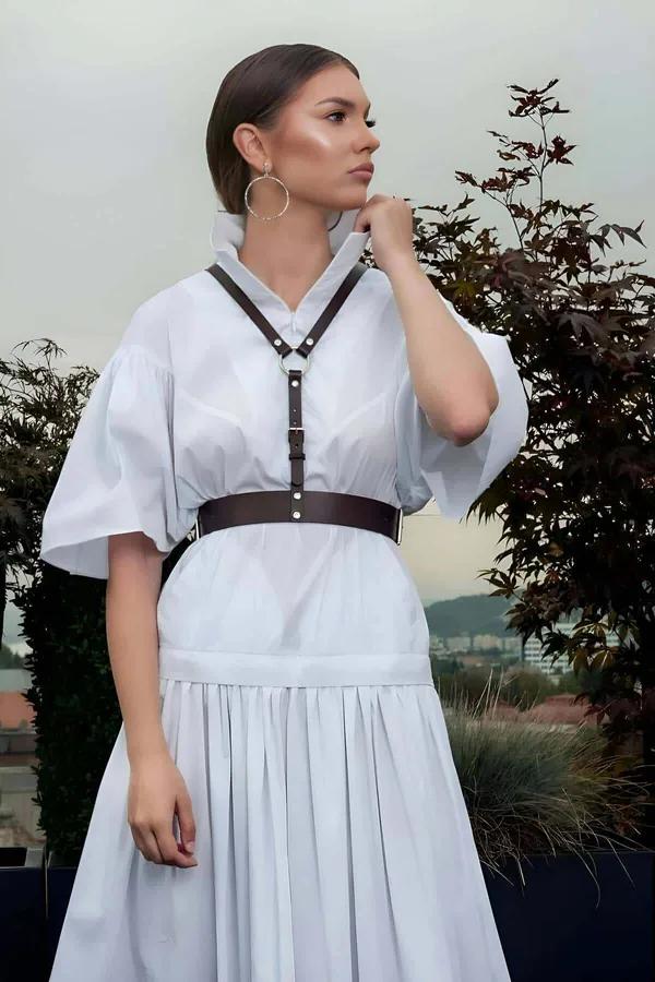 Espresso Faux Leather Chest Harness with Waist Belt