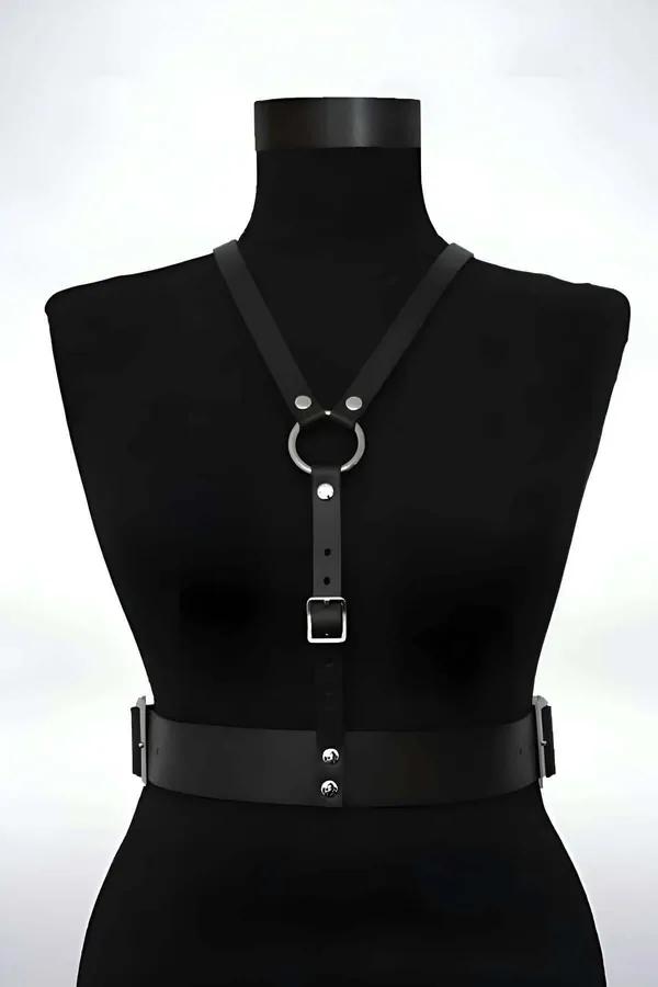 Espresso Faux Leather Chest Harness with Waist Belt
